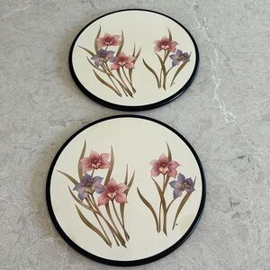 Vintage Iris Flowers Round enamel trivets cork back floral pattern set of TWO